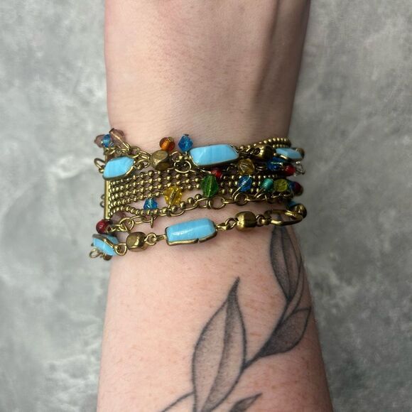 Vintage Brass Gold Tone Blue Beaded Rhinestones Chain Bracelet - Picture 7 of 14